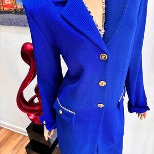 St John bright royal blue skirt suit embellished gold buttons 14 Large career